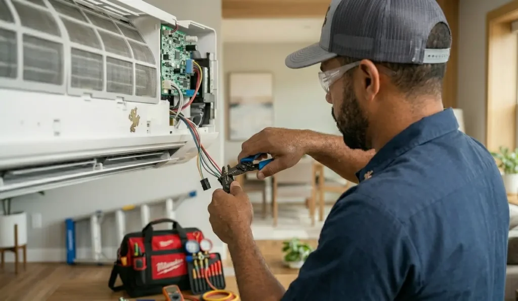 about us Technician repairing an air conditioner