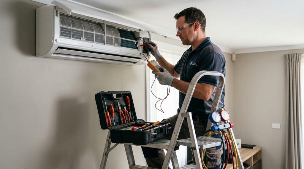 Technician performing an air conditioning diagnostic on a mini split system in Puerto Rico