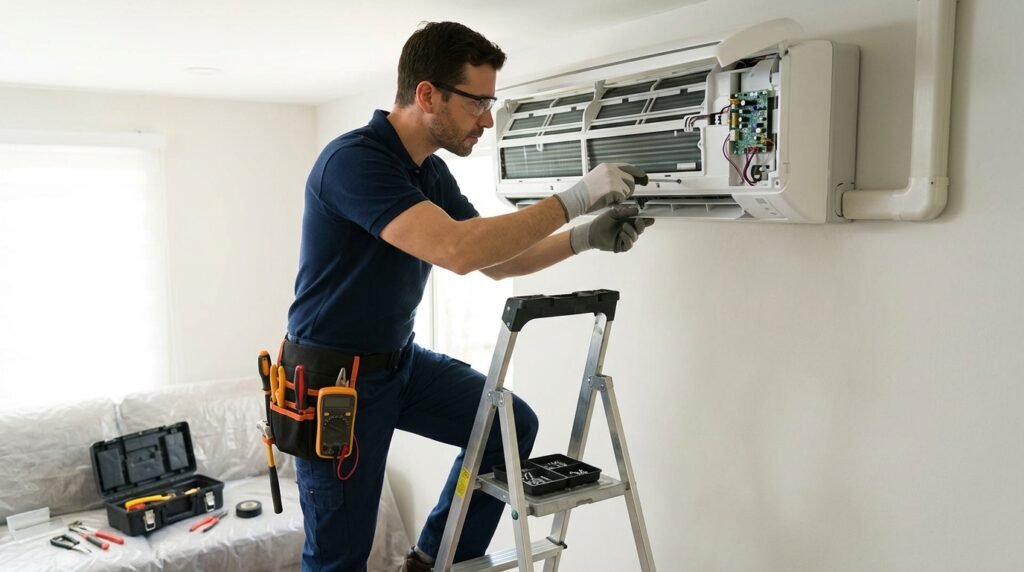 Technician repairing a mini-split air conditioner in Puerto Rico