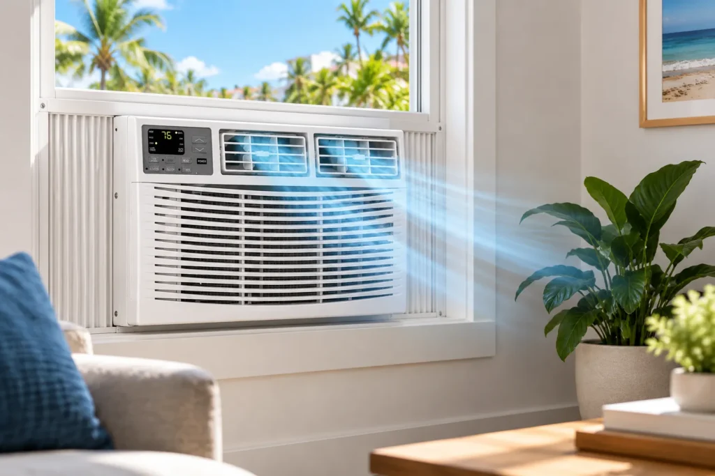 Aire acondicionado de ventana instalado en una habitación