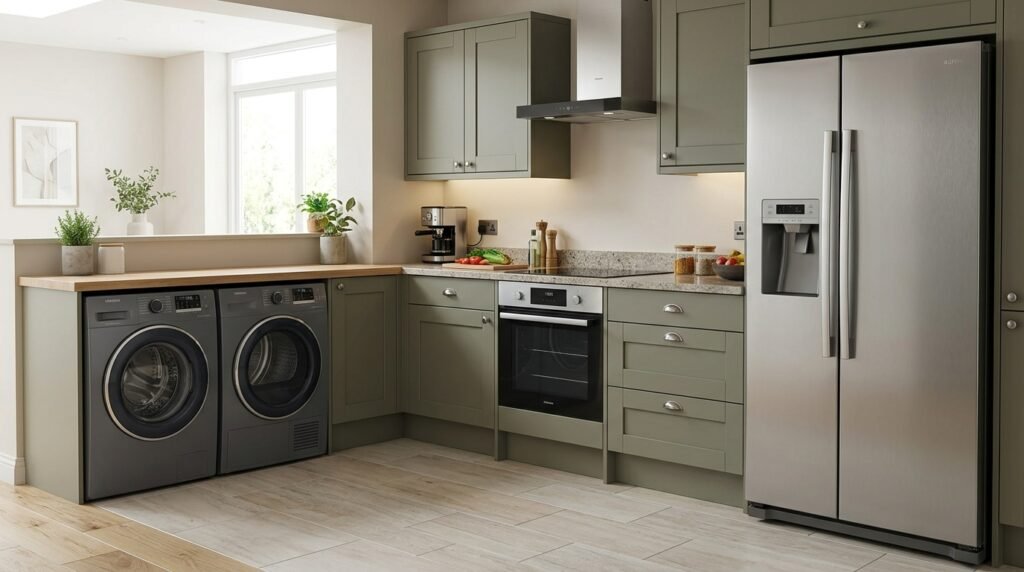 Kitchen with refrigerator, oven, washing machine, and dryer for appliance repair service in Puerto Rico.
