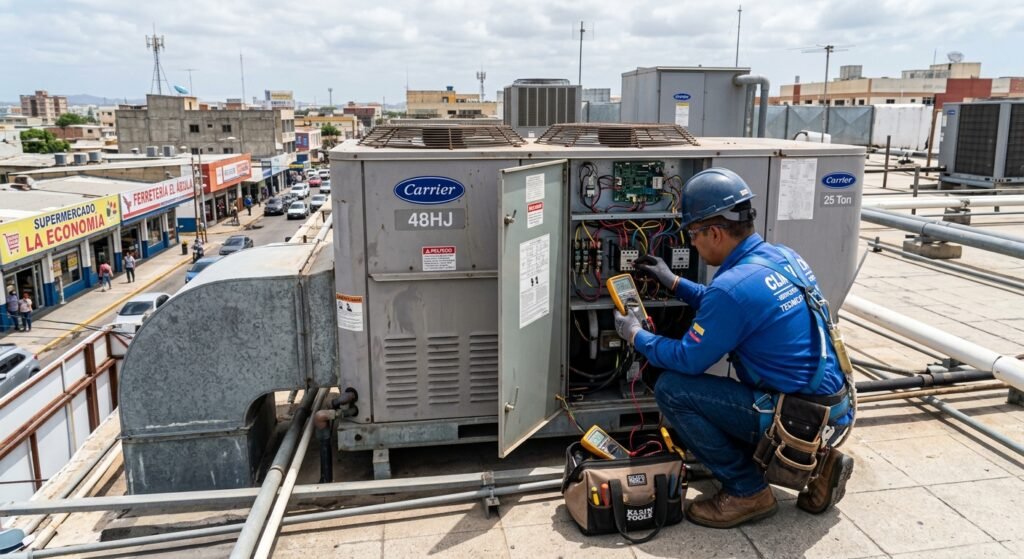 HVAC technician working on the installation and electrical connection of a commercial rooftop air conditioning unit
