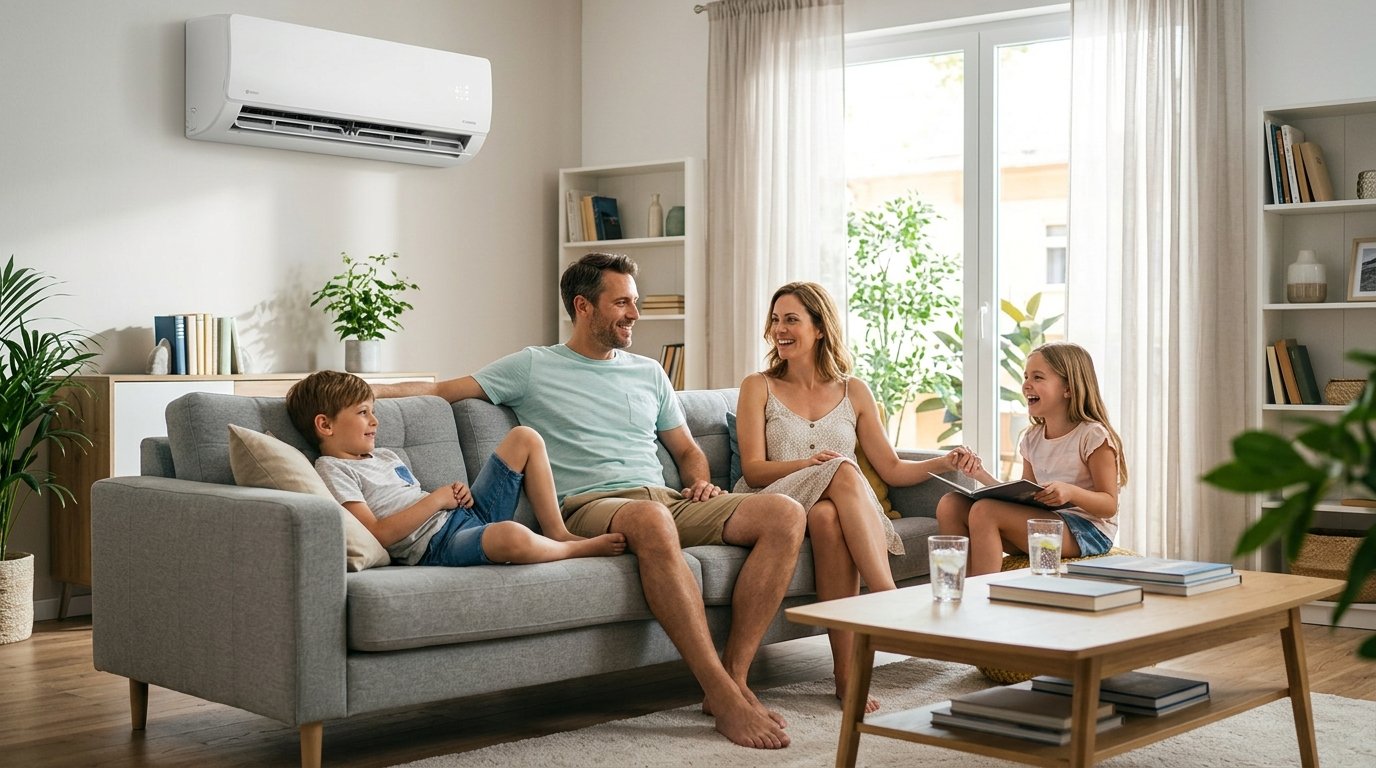 Familia disfrutando de un hogar climatizado con aire acondicionado en Puerto Rico
