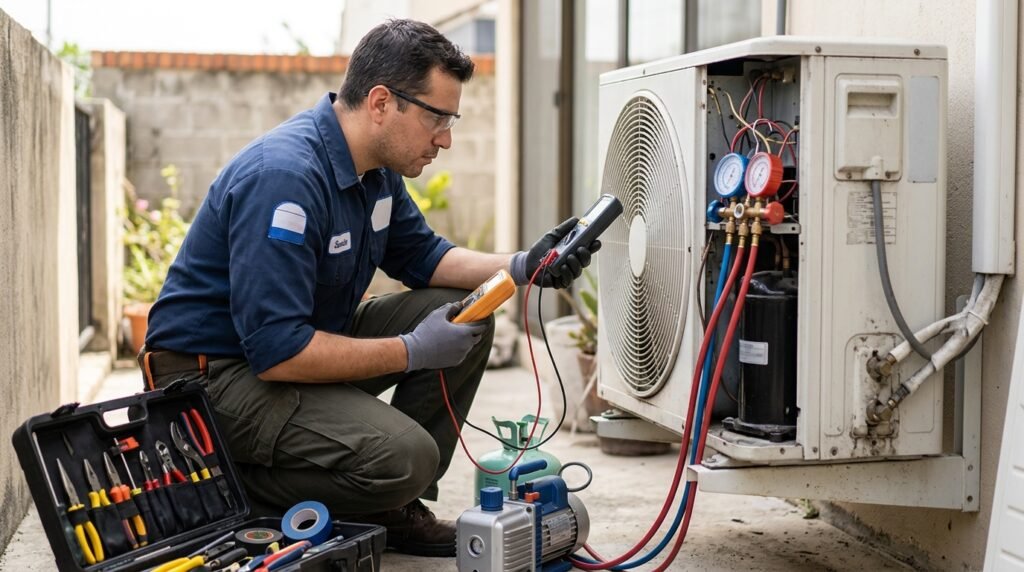 Técnico diagnosticando la unidad exterior de un aire acondicionado en Puerto Rico