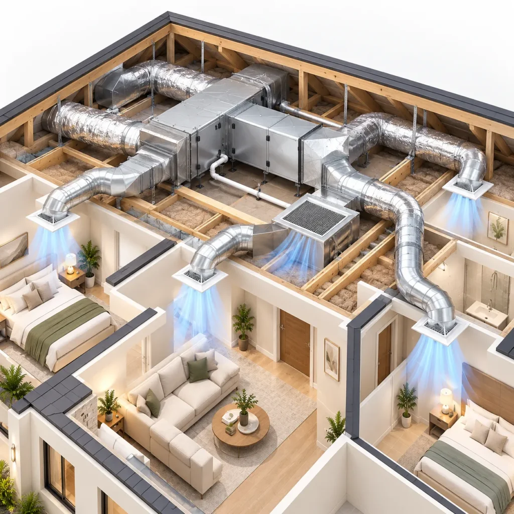 Ducted air conditioning system with ductwork