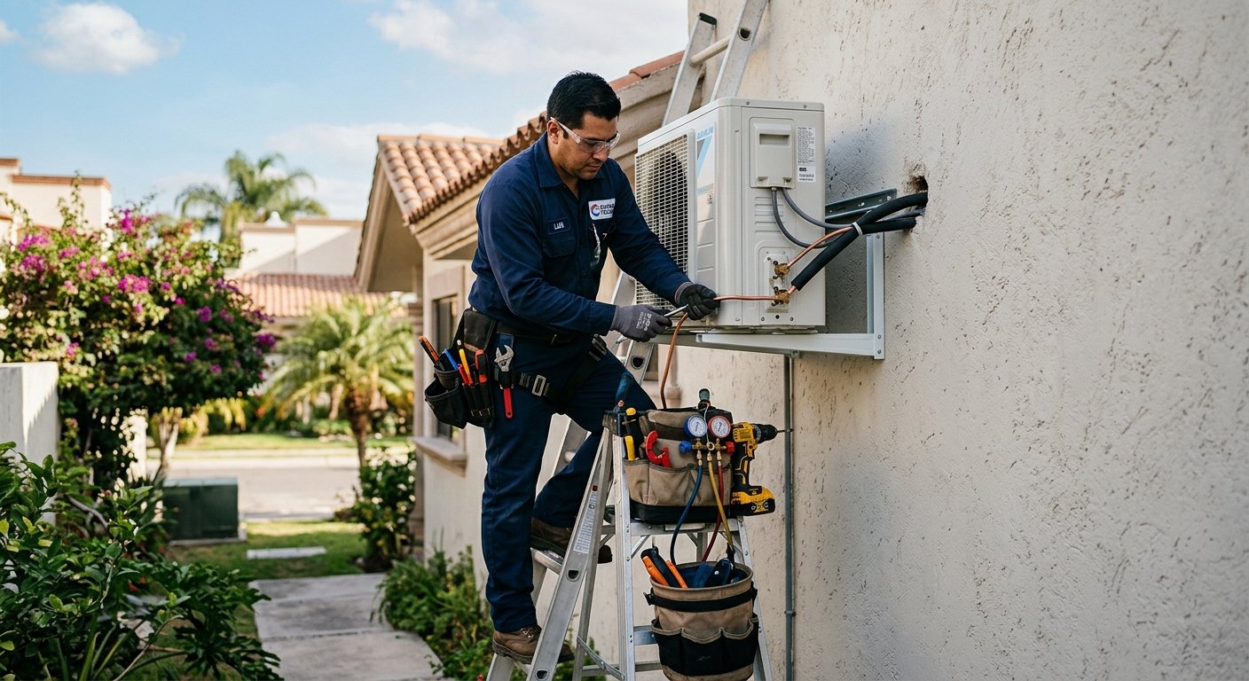 Técnico realizando instalación de aire acondicionado en una residencia