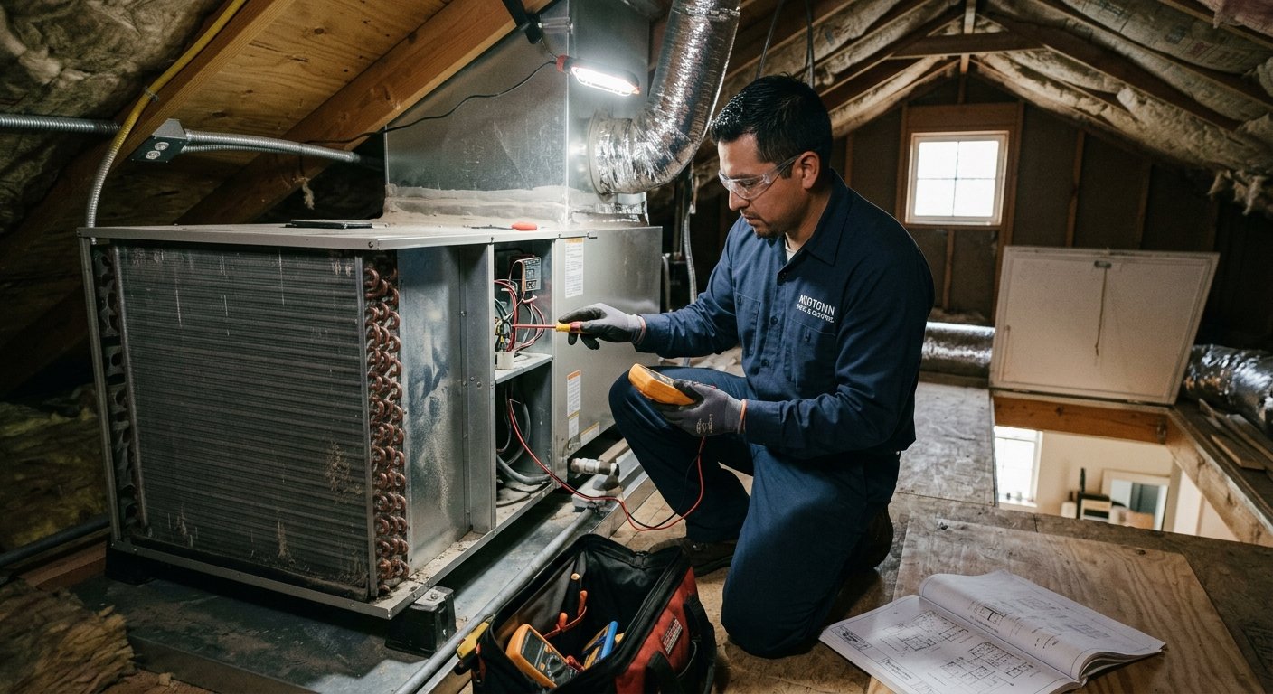 Técnico HVAC realizando la instalación y conexión eléctrica de un sistema de aire acondicionado