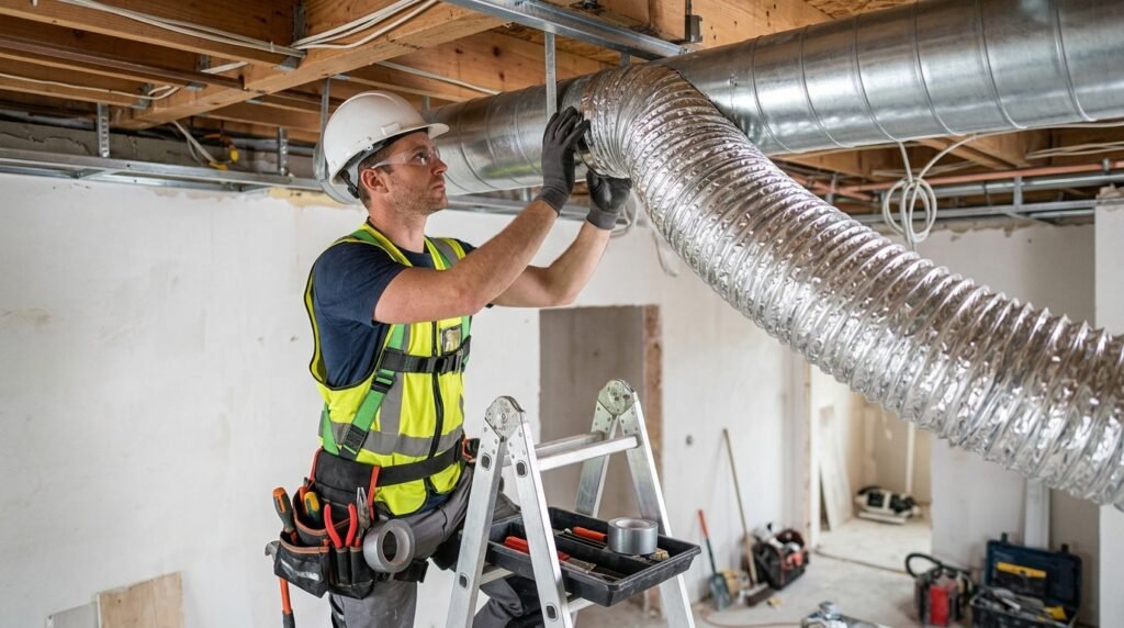 Técnico instalando ductos de aire acondicionado en sistema HVAC