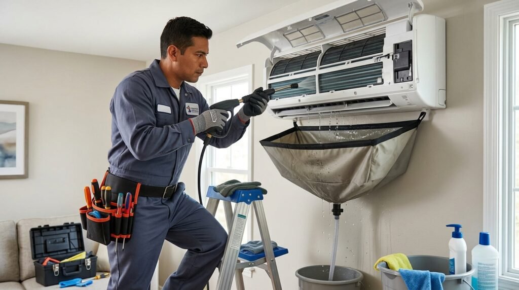 Técnico realizando limpieza y mantenimiento de aire acondicionado mini split en Puerto Rico