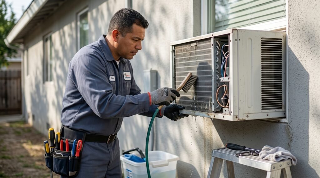 Técnico realizando mantenimiento y limpieza de aire acondicionado en Puerto Rico