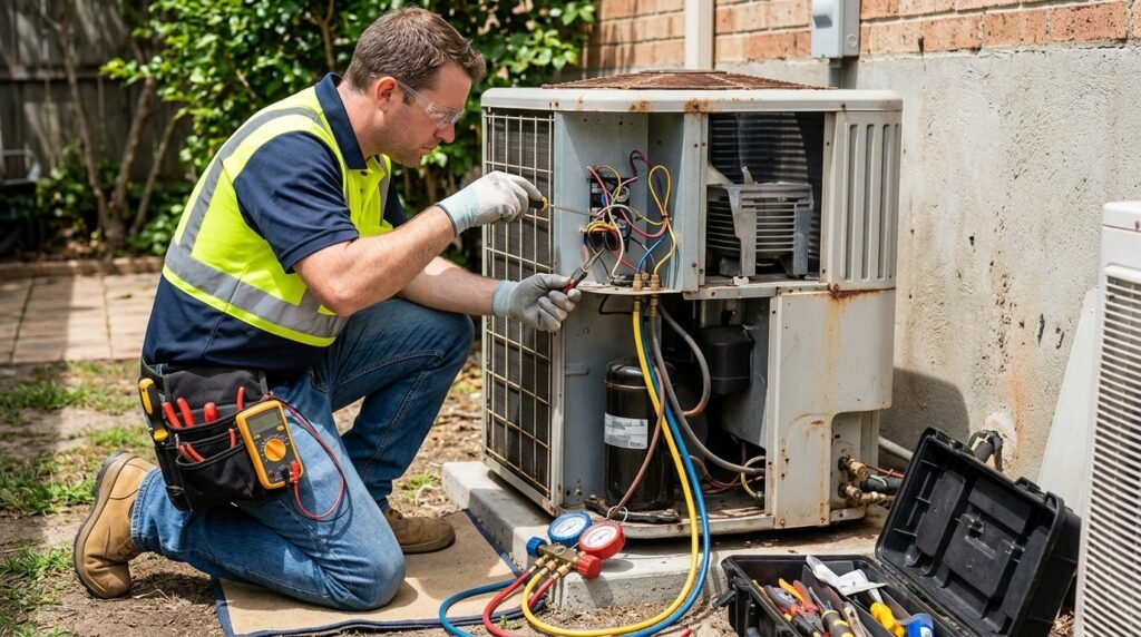 Técnico reparando unidad exterior de aire acondicionado en Puerto Rico
