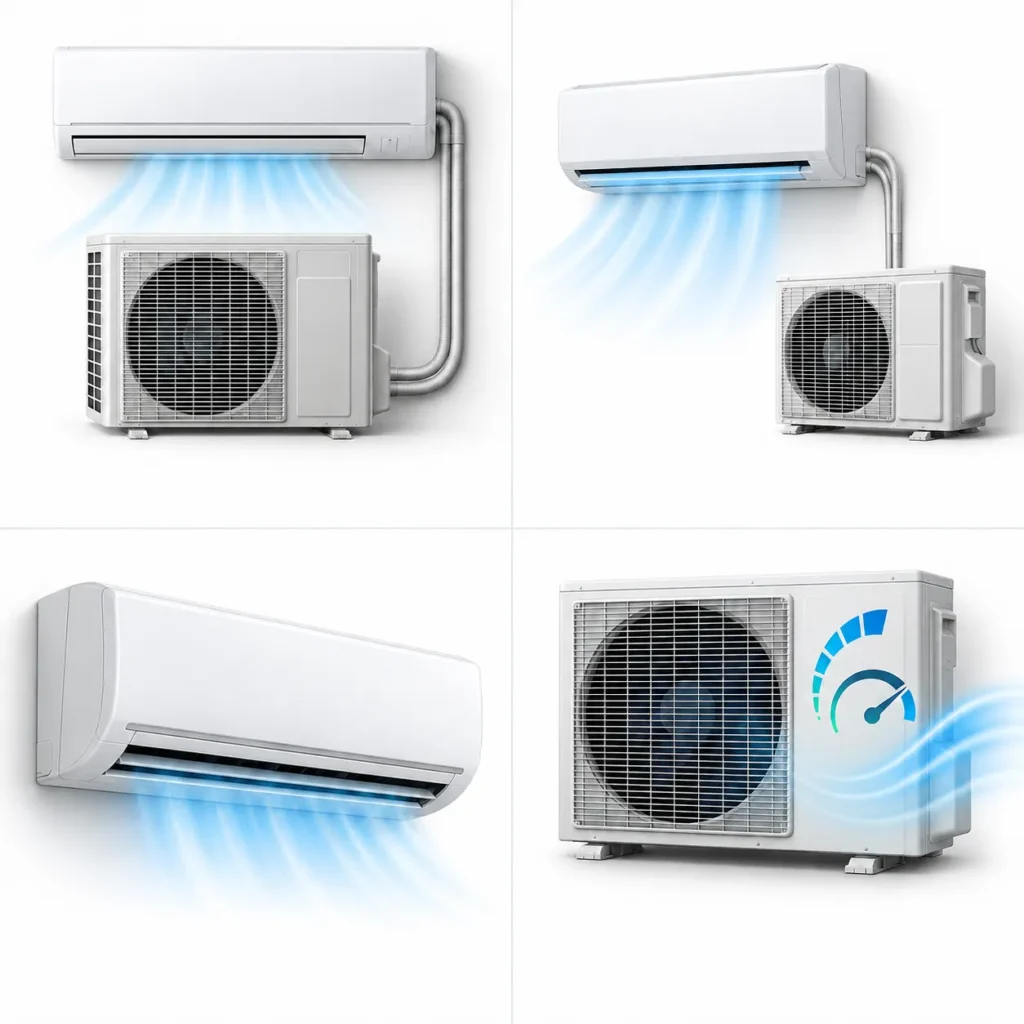 Comparación de sistema split, mini split, unidad de pared e inverter